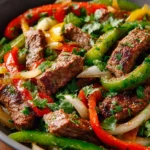 Delicious spicy steak fajitas served with peppers and onions