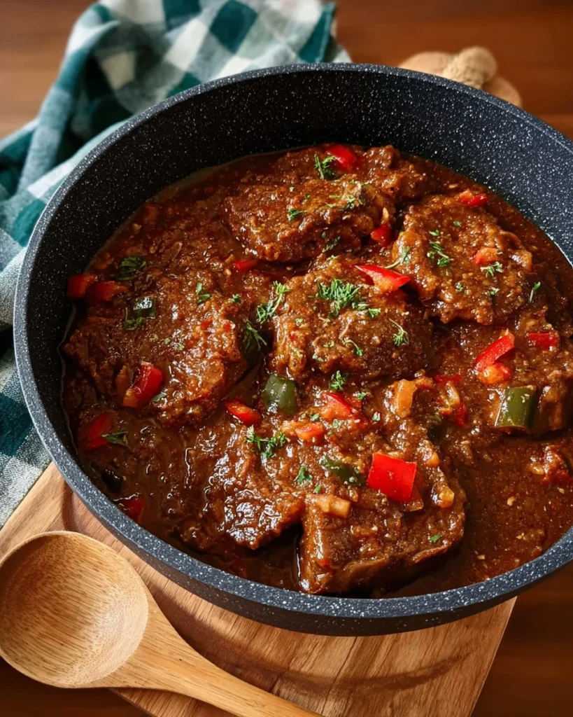 Delicious Swiss steak cooked with onions and peppers on a plate