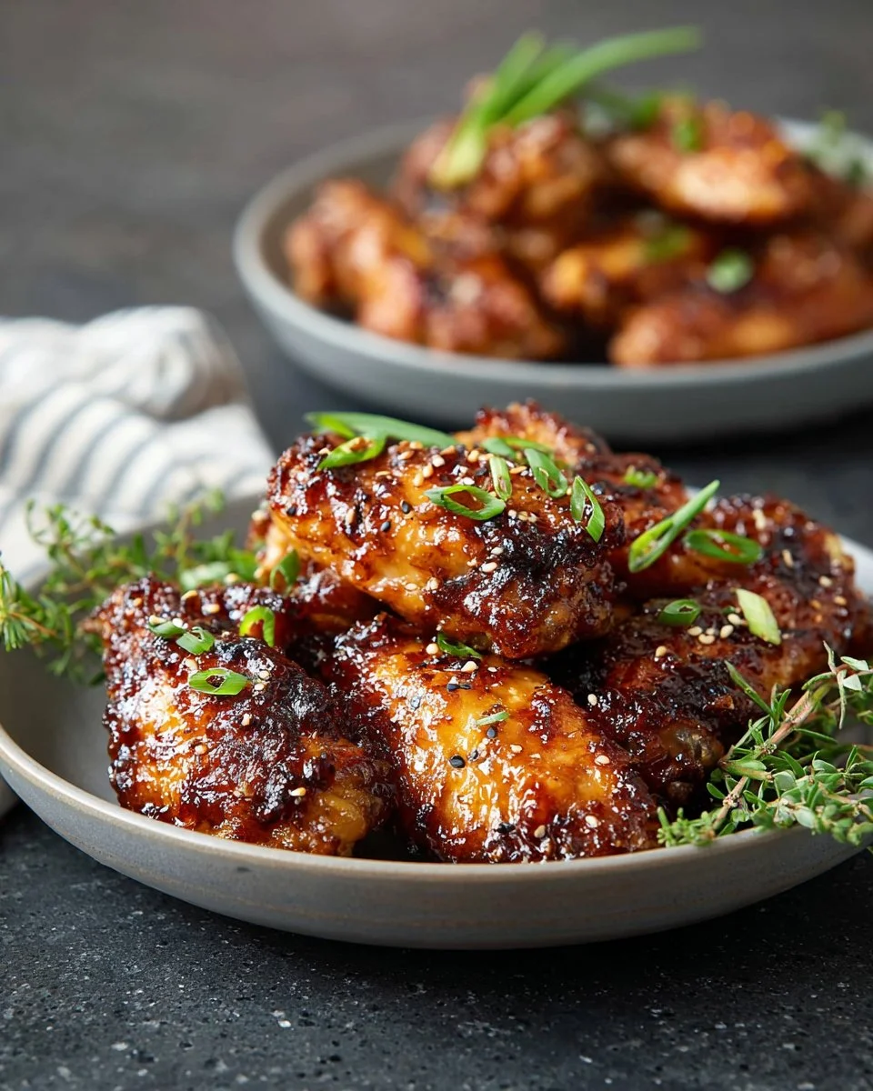 Delicious teriyaki chicken wings garnished with sesame seeds and green onions