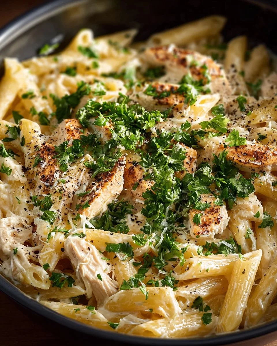 Bowl of creamy Crockpot Chicken Alfredo with pasta and herbs
