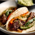 Delicious steak fajitas with colorful peppers and onions served on a plate