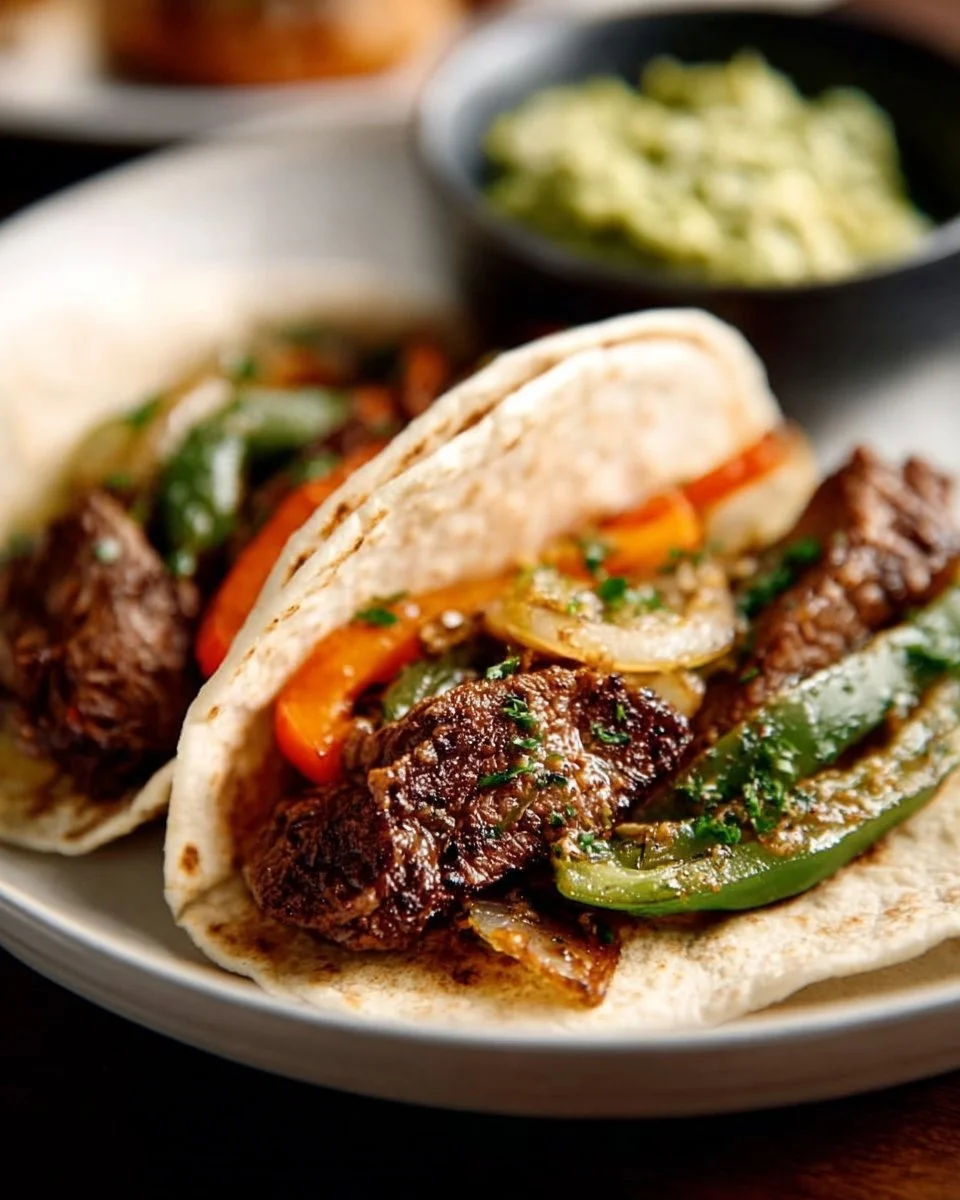 Delicious steak fajitas with colorful peppers and onions served on a plate