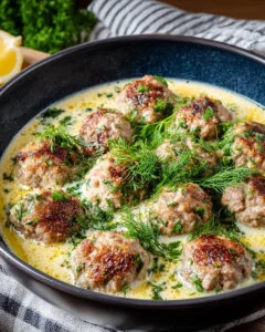 Bowl of traditional Greek meatball soup with fresh herbs and vegetables