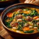 Bowl of delicious Tuscan White Bean Soup garnished with herbs