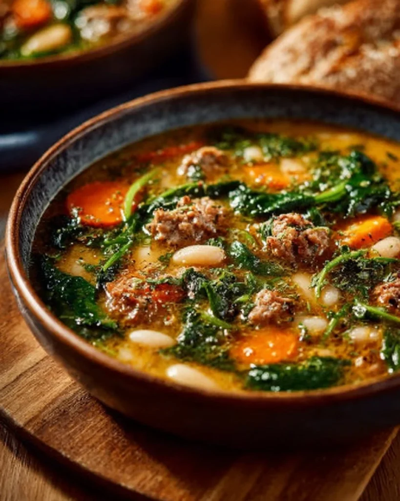 Bowl of delicious Tuscan White Bean Soup garnished with herbs