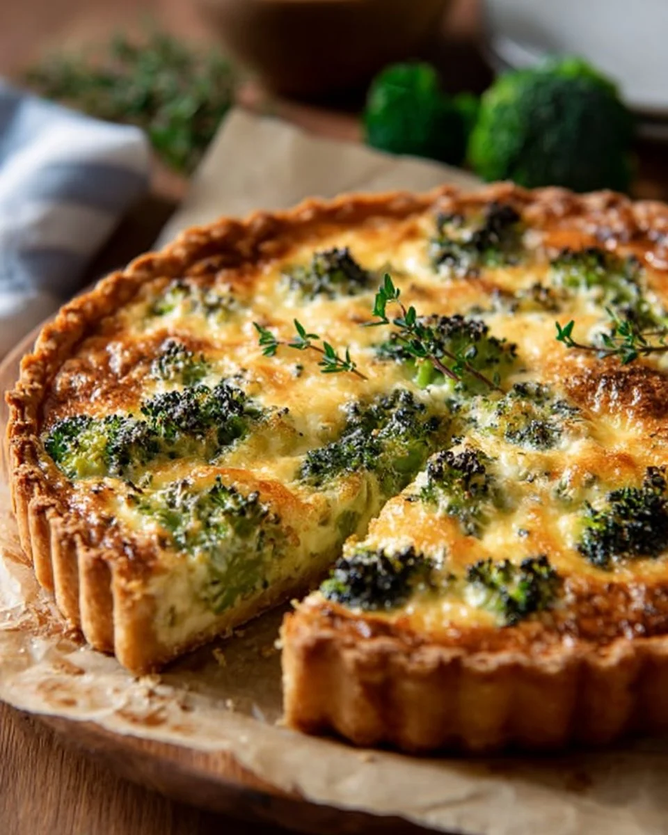 Vegetarian broccoli cheddar quiche baked with fresh ingredients