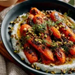 Za'atar roasted carrots garnished with labneh, honey, and pistachios