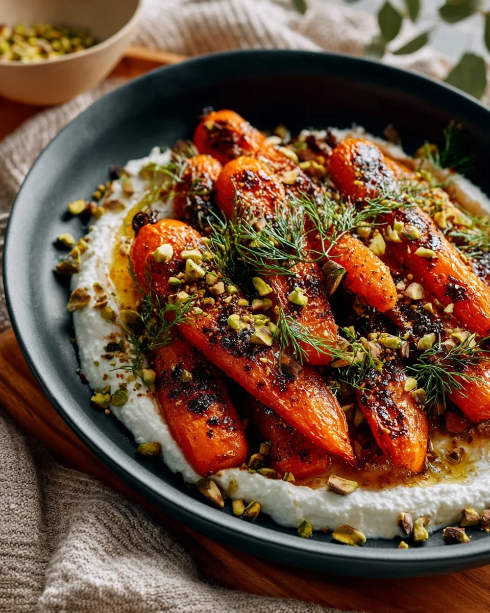 Za'atar roasted carrots garnished with labneh, honey, and pistachios