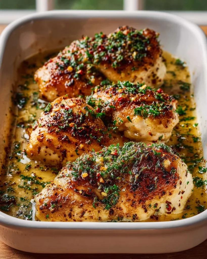 Baked Garlic Butter Chicken topped with Mozzarella cheese and fresh herbs