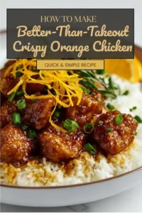 Crispy orange chicken served with vegetables and rice for a homemade meal