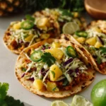 Blackened fish tacos served with vibrant pineapple salsa