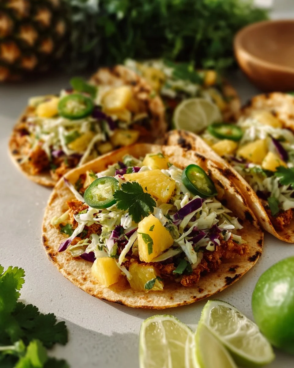Blackened fish tacos served with vibrant pineapple salsa