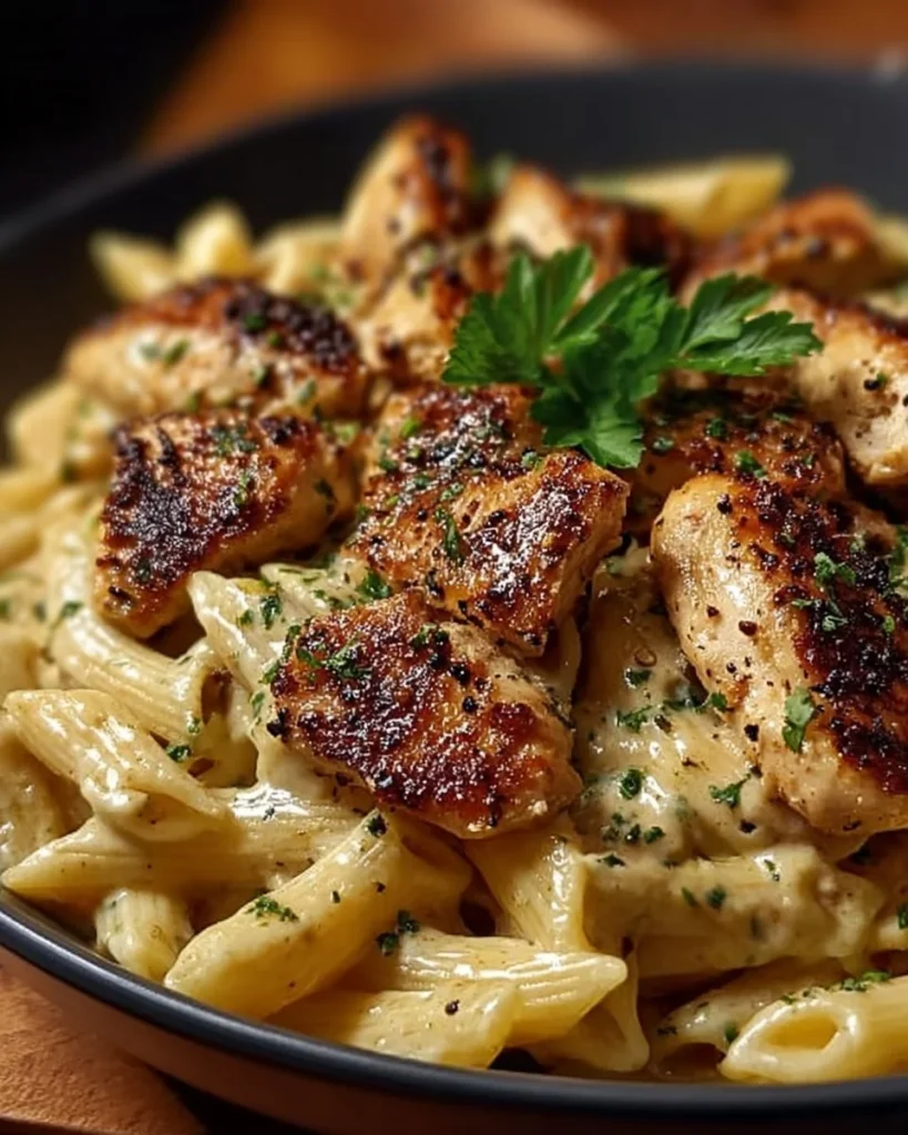 Delicious Cajun Chicken Pasta served with vegetables and herbs
