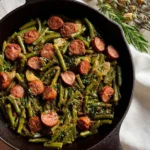 Cajun smothered green beans with sausage in a rustic bowl