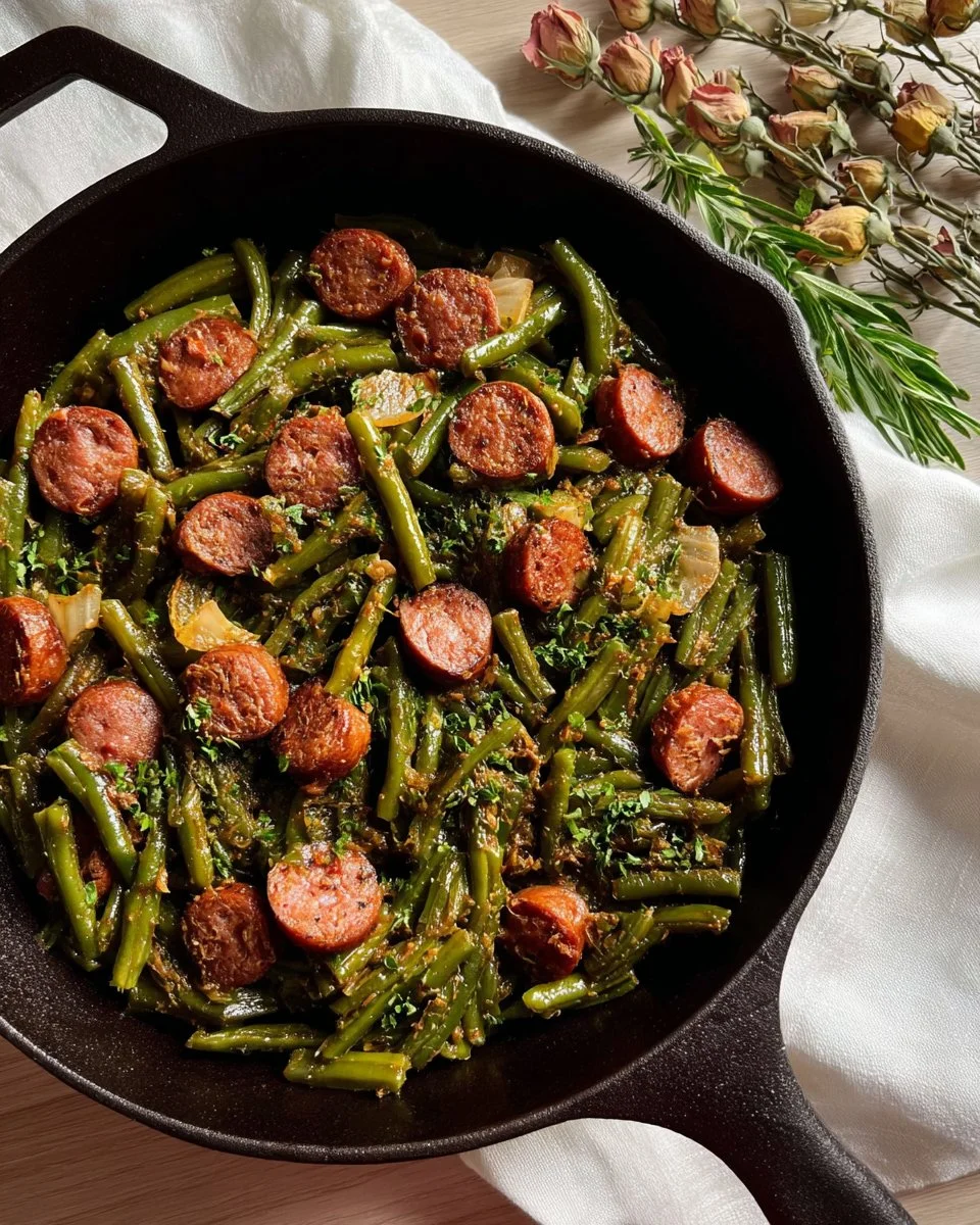 Cajun smothered green beans with sausage in a rustic bowl