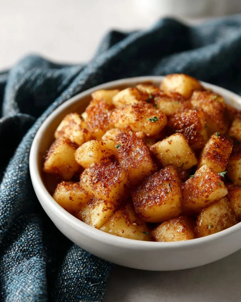 Delicious caramelized apples served in a bowl with a caramel drizzle