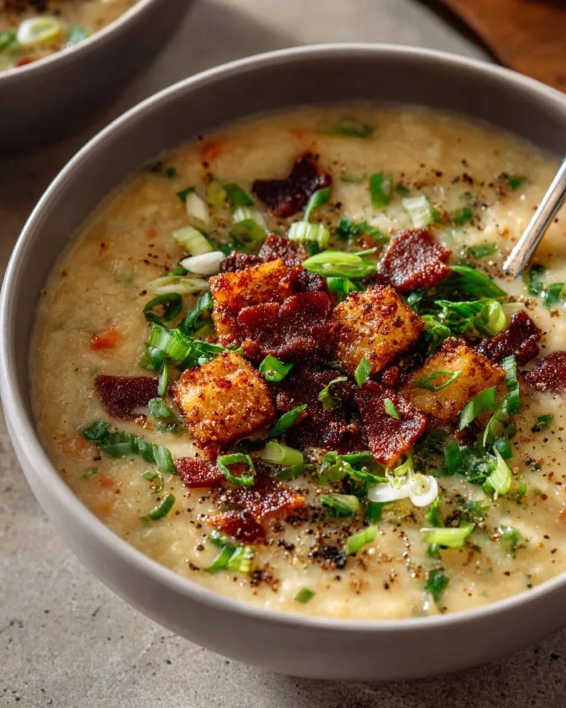 Bowl of creamy cheddar cauliflower soup topped with fresh herbs.
