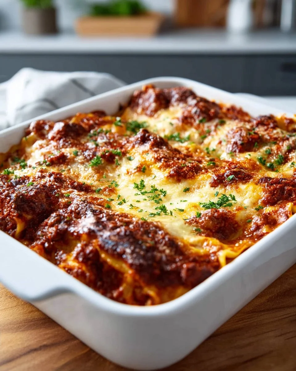 Delicious cheesy beef lasagna with layers of meat, cheese, and tomato sauce