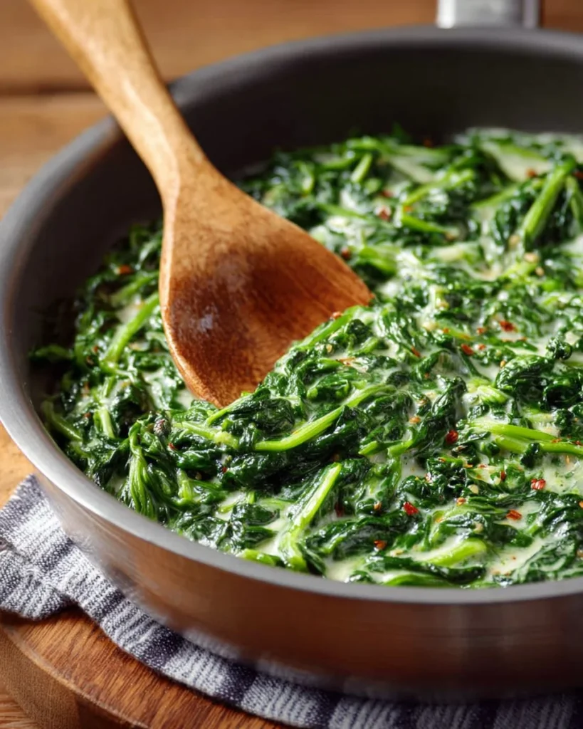 Cheesy creamed spinach served in a bowl, garnished with cheese.