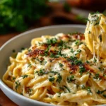 Plate of cheesy garlic parmesan spaghetti topped with parsley