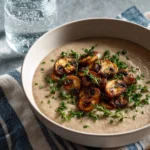 Delicious creamy mushroom soup made by Chef John, served in a bowl