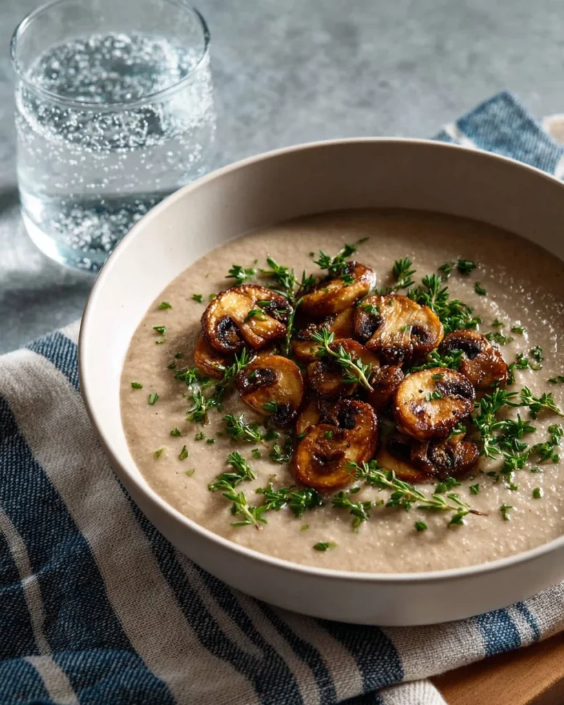 Delicious creamy mushroom soup made by Chef John, served in a bowl