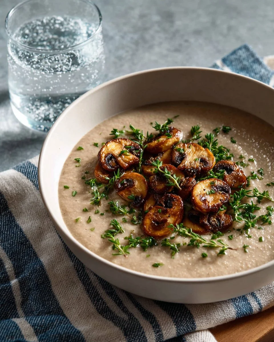 Delicious creamy mushroom soup made by Chef John, served in a bowl