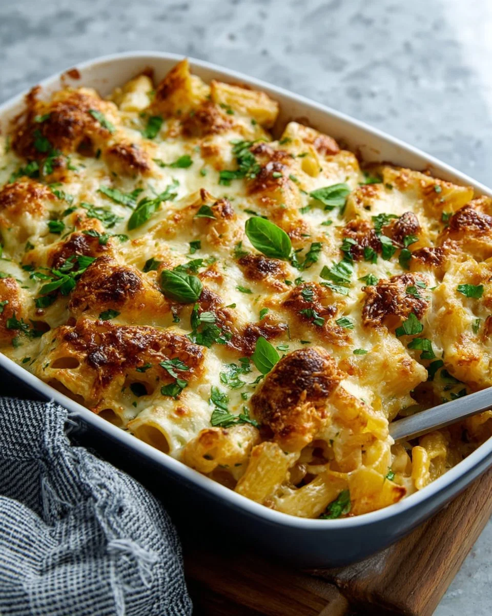 Creamy Chicken Alfredo Casserole topped with cheese and herbs
