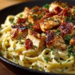 Delicious Chicken Bacon Ranch Pasta garnished with herbs and crispy bacon