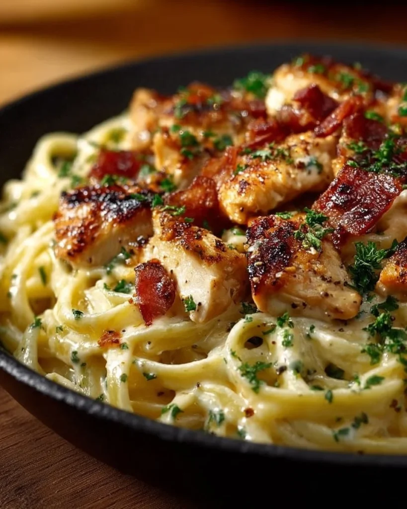 Delicious Chicken Bacon Ranch Pasta garnished with herbs and crispy bacon