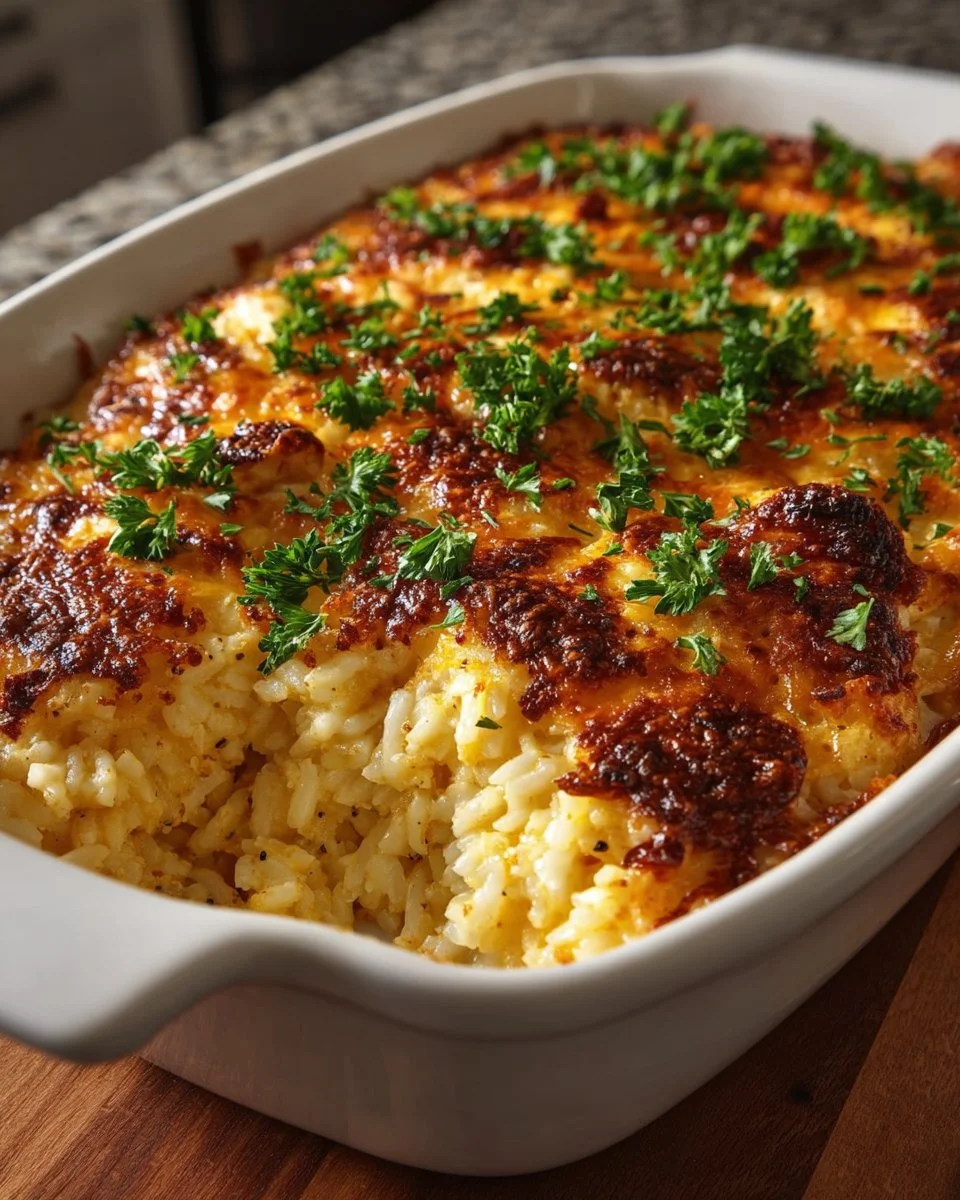 Baked Chicken Rice Casserole served in a rustic dish with herbs
