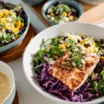 Colorful Chile-Lime Fish Taco Bowls topped with fresh ingredients