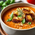 Bowl of classic tomato basil soup garnished with fresh basil leaves.
