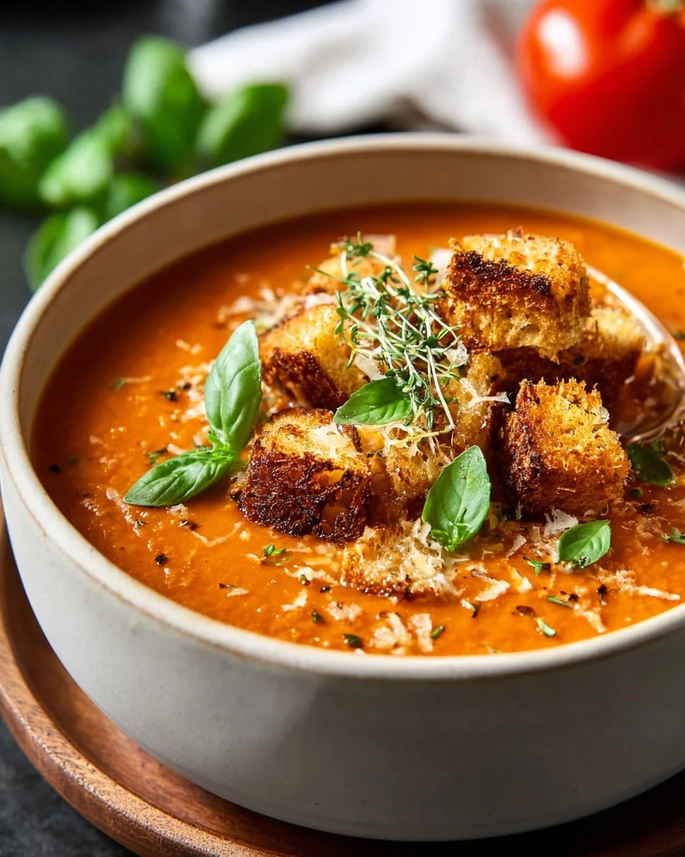 Bowl of classic tomato basil soup garnished with fresh basil leaves.