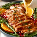 A bowl of classic turkey gravy served with turkey and mashed potatoes.