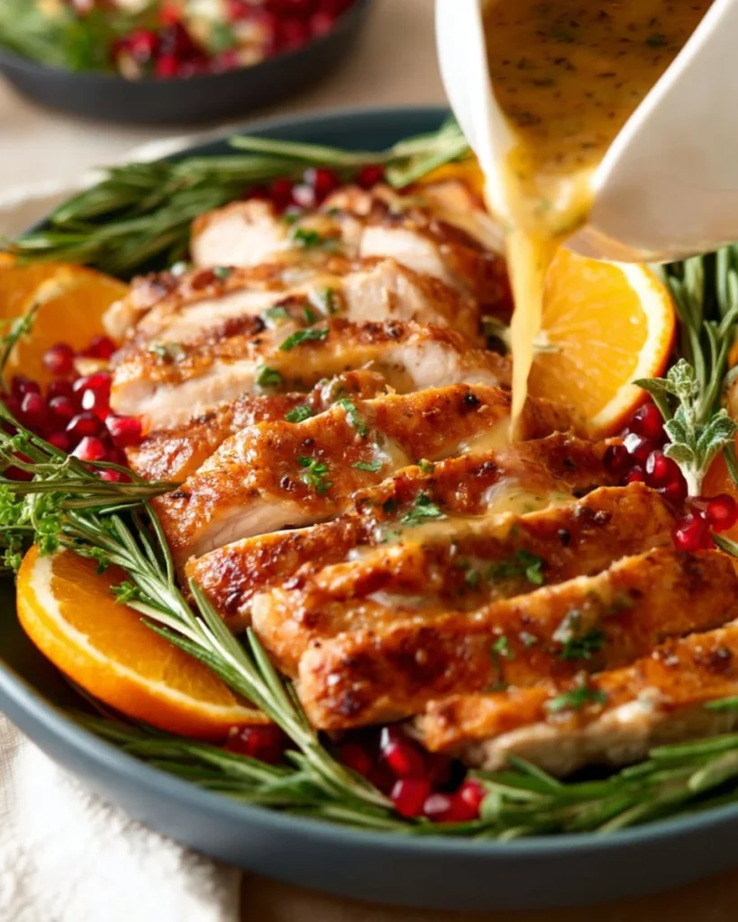 A bowl of classic turkey gravy served with turkey and mashed potatoes.
