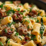 Creamy Italian sausage rigatoni topped with fresh herbs and cheese