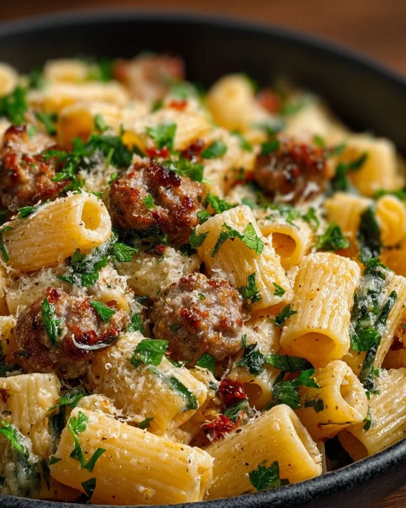 Creamy Italian sausage rigatoni topped with fresh herbs and cheese