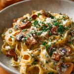 Creamy mushroom pasta dish served in a bowl with fresh herbs