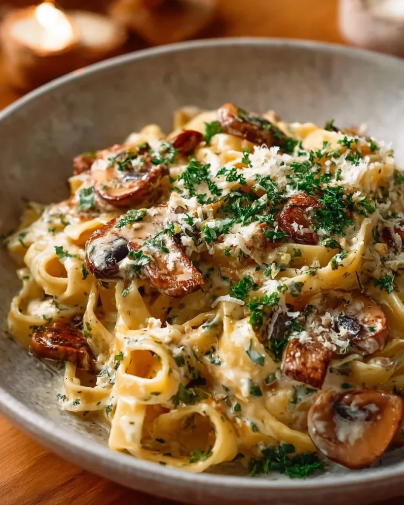 Creamy mushroom pasta dish served in a bowl with fresh herbs