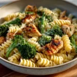 Creamy rotisserie chicken pasta with broccoli in a white sauce.