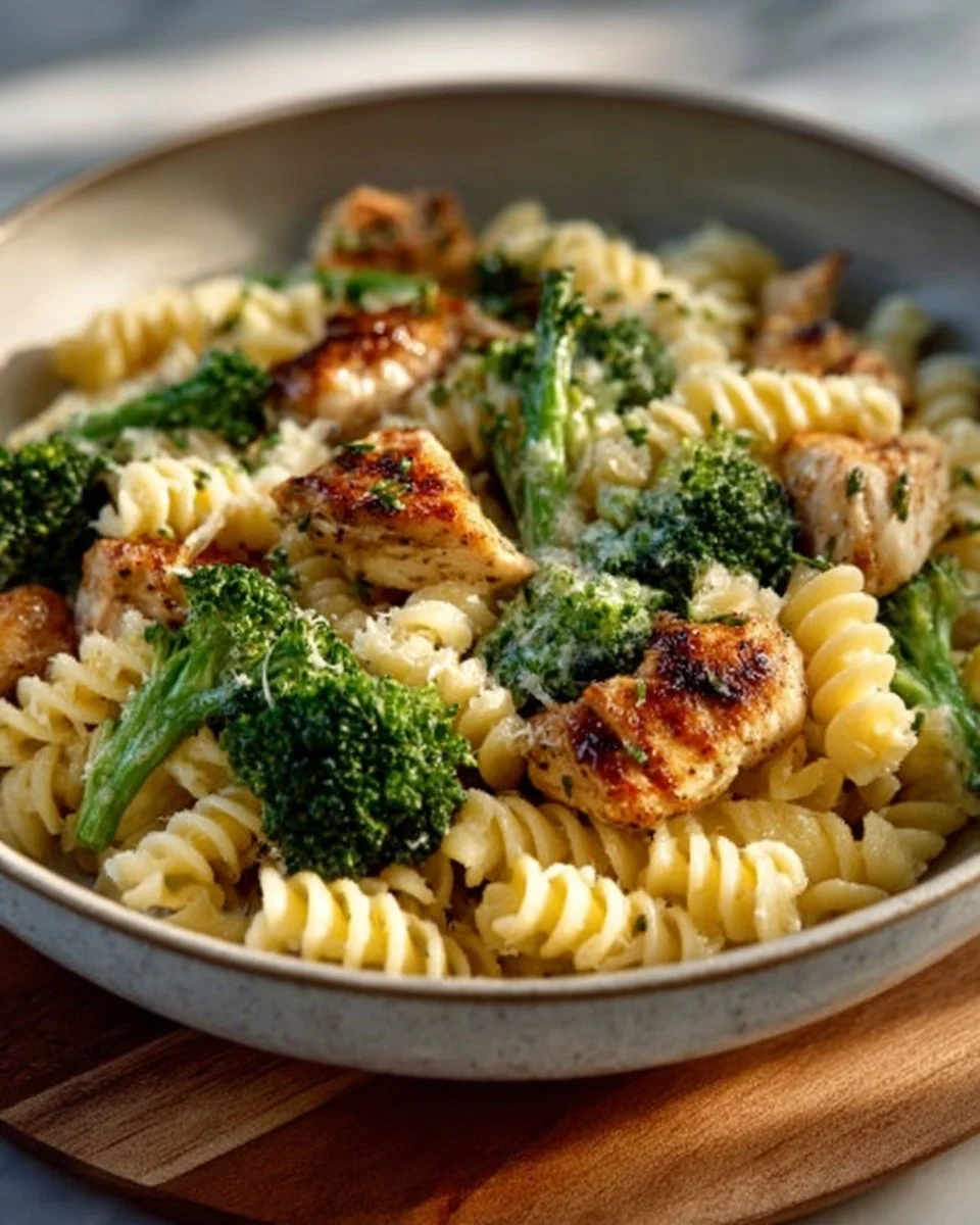Creamy rotisserie chicken pasta with broccoli in a white sauce.