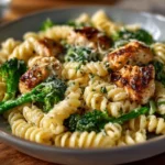 Creamy rotisserie chicken broccoli pasta in a serving bowl