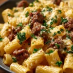 Creamy sausage rigatoni pasta dish topped with herbs and cheese