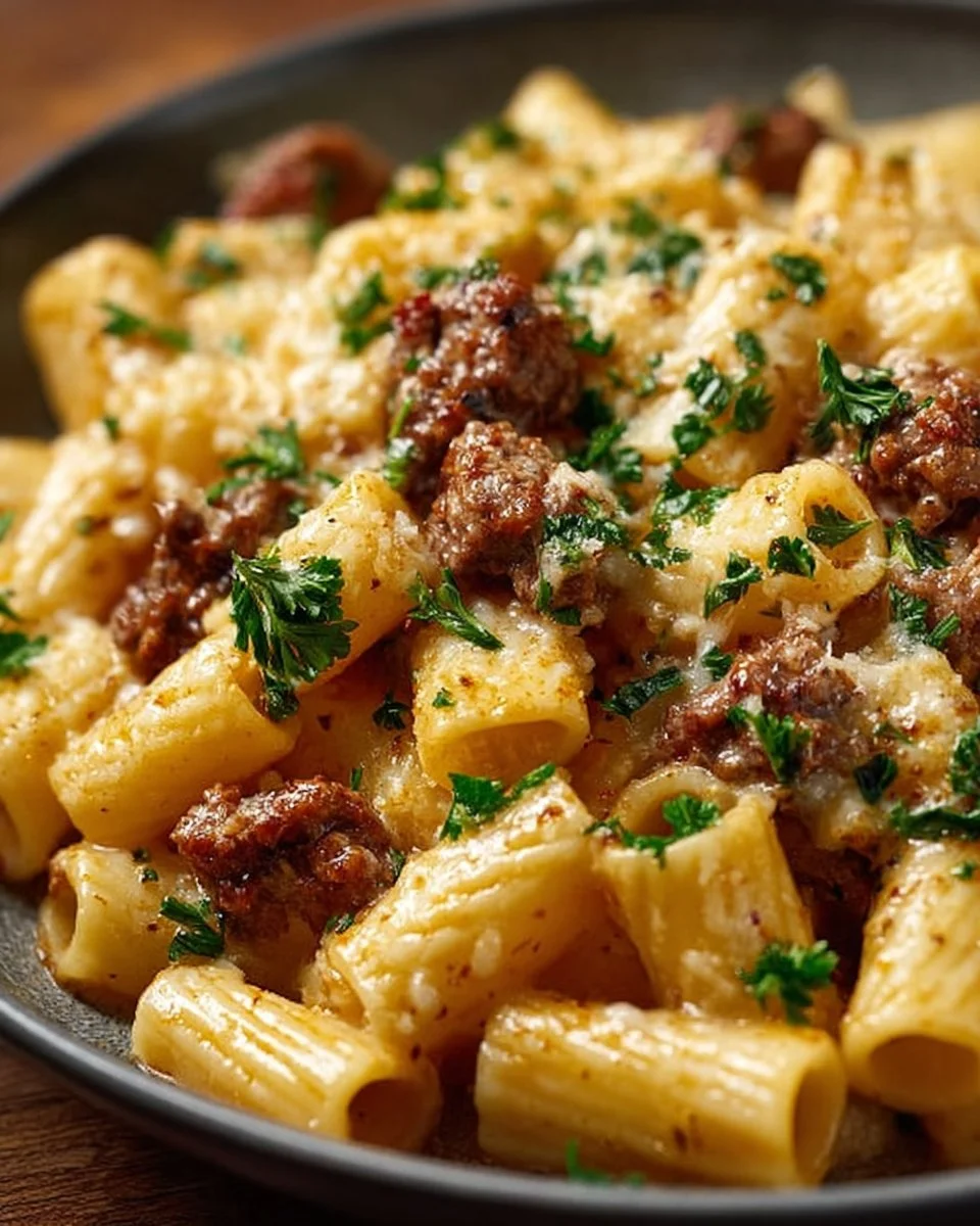Creamy sausage rigatoni pasta dish topped with herbs and cheese