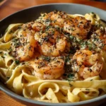 Delicious creamy shrimp fettuccine pasta garnished with herbs
