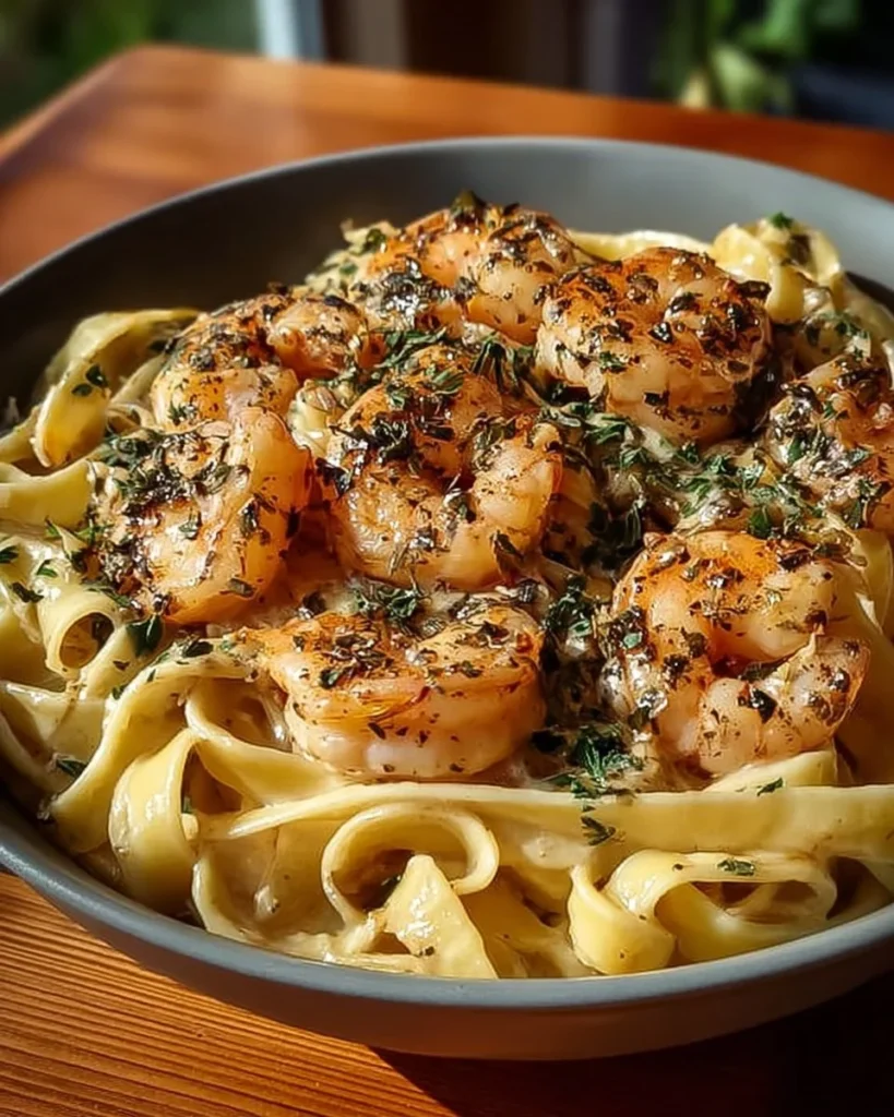 Delicious creamy shrimp fettuccine pasta garnished with herbs