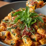 Creamy tomato garlic pasta dish served in a bowl with fresh basil and grated cheese
