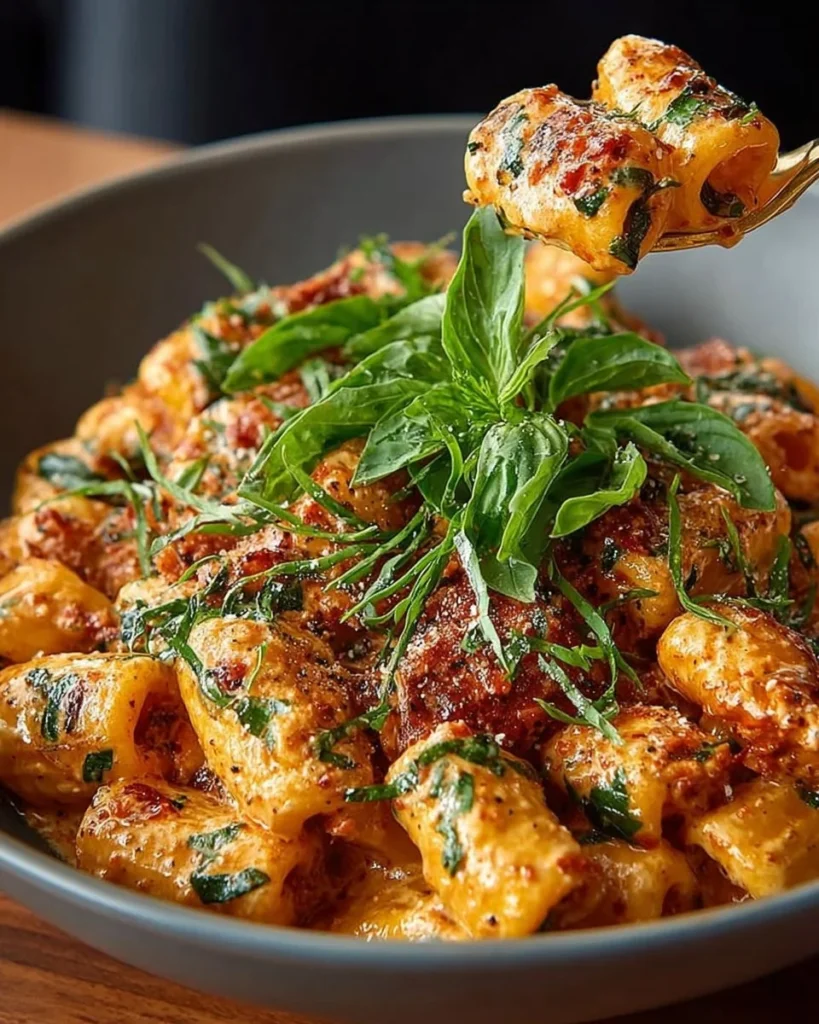 Creamy tomato garlic pasta dish served in a bowl with fresh basil and grated cheese