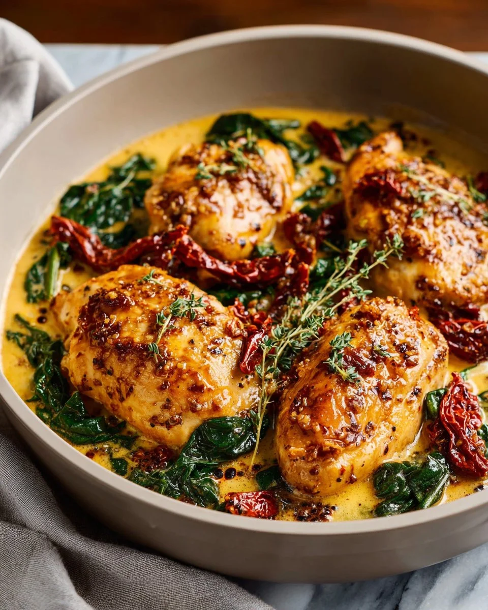 Plate of creamy Tuscan Garlic Chicken served with fresh herbs and vegetables